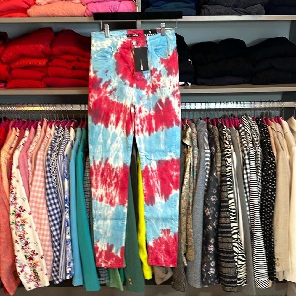 Fashion Nova size 5 blue and red tie dye skinny jeans NWT